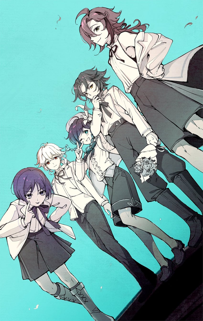 scaramouche, venti, xiao, kaedehara kazuha, and shikanoin heizou (genshin impact) drawn by platina_1117