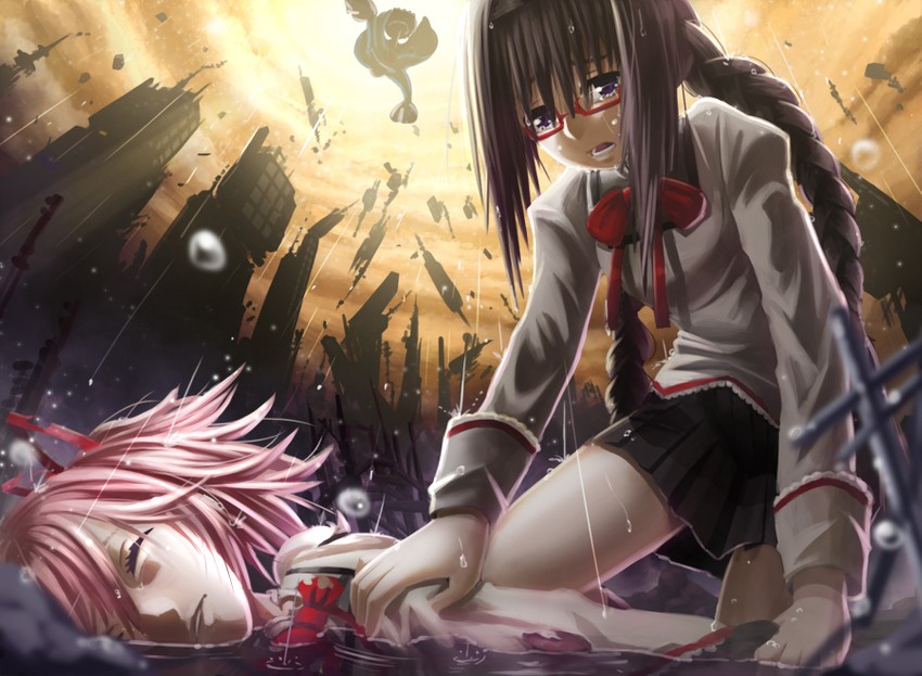 akemi homura, kaname madoka, and walpurgisnacht (mahou shoujo madoka magica) drawn by tanukimaso