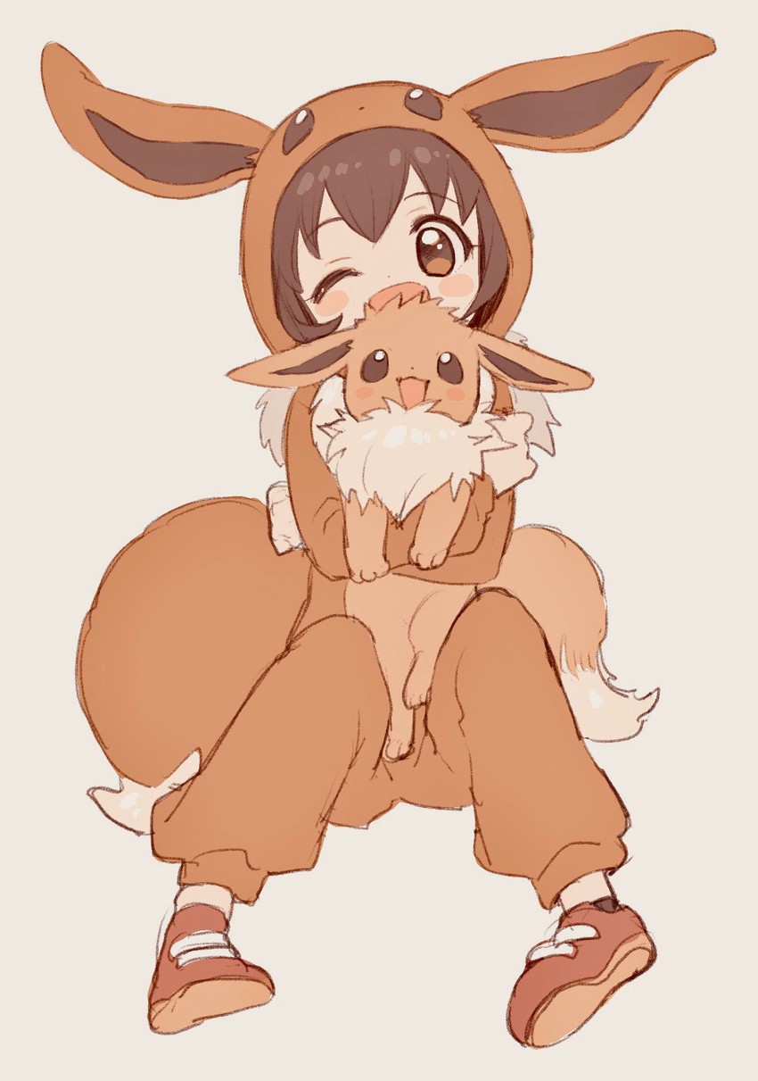 eevee and poke kid (pokemon and 1 more) drawn by amezawa_koma