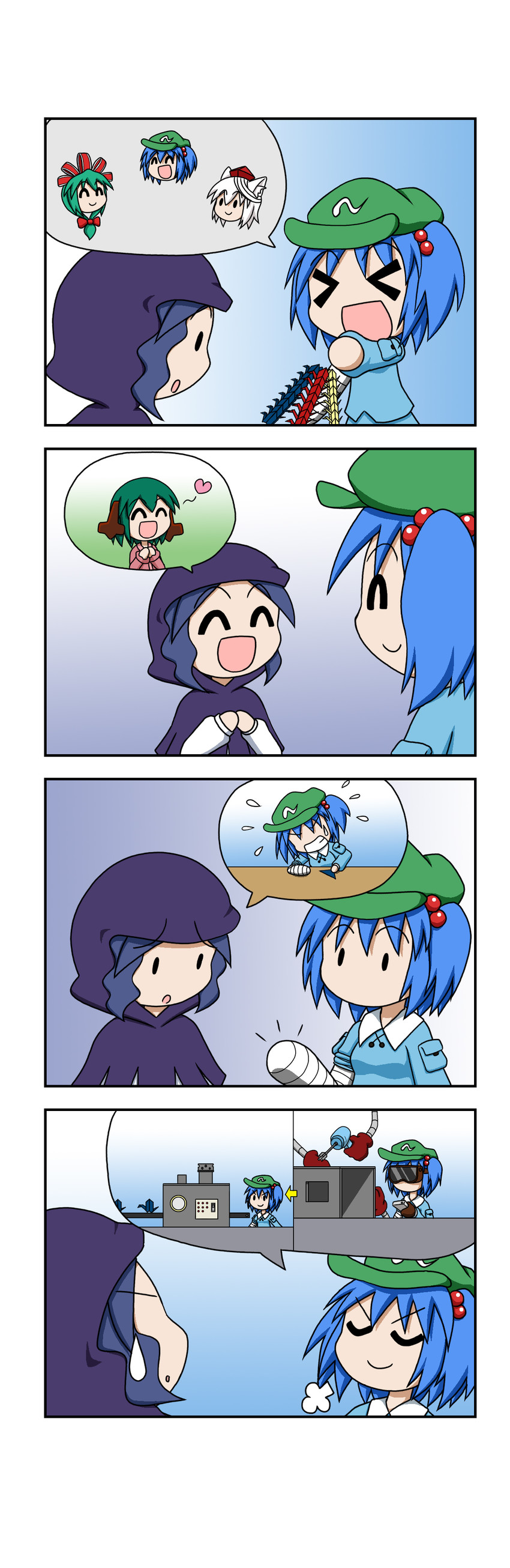 inubashiri momiji, kawashiro nitori, kagiyama hina, kumoi ichirin, and kasodani kyouko (touhou) drawn by rakugaki-biyori