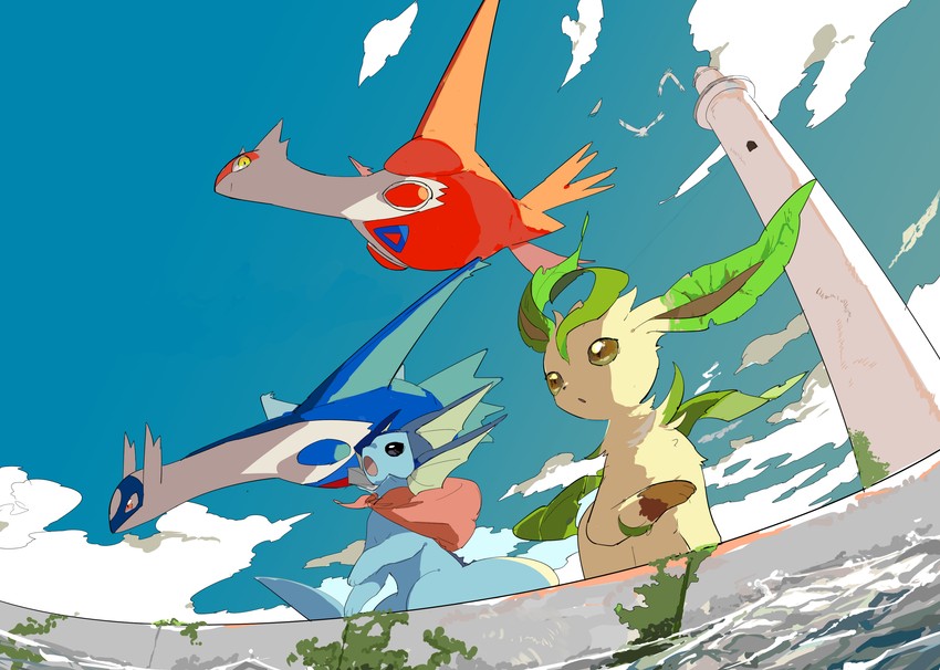 vaporeon, leafeon, latias, latios, and wingull (pokemon) drawn by apios