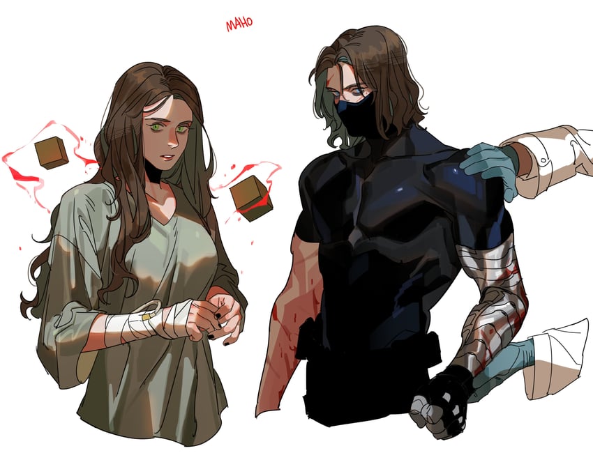 bucky barnes, winter soldier, and wanda maximoff (marvel and 5 more) drawn by karmaho
