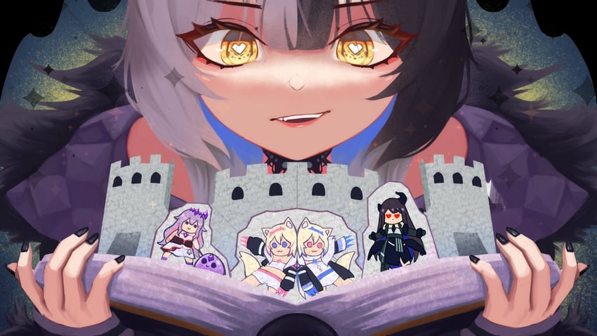 shiori novella, nerissa ravencroft, fuwawa abyssgard, mococo abyssgard, koseki bijou, and 1 more (hololive and 1 more) drawn by vonv_(sejvon)