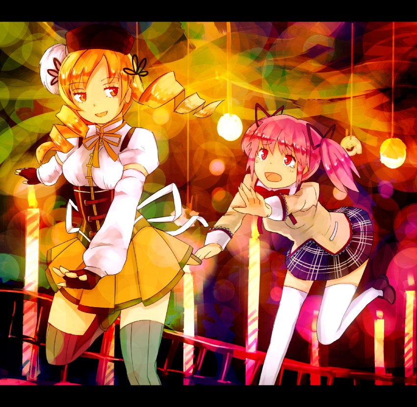 kaname madoka and tomoe mami (mahou shoujo madoka magica) drawn by nosuku