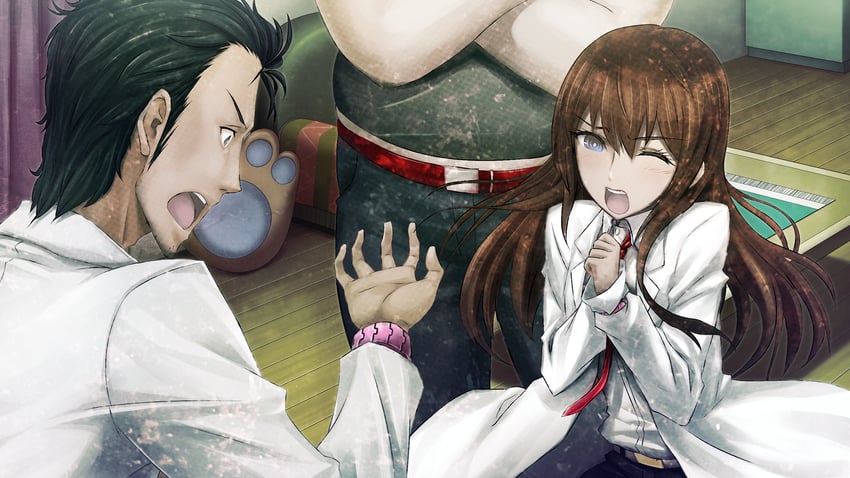 makise kurisu, okabe rintarou, and hashida itaru (steins;gate and 1 more) drawn by huke