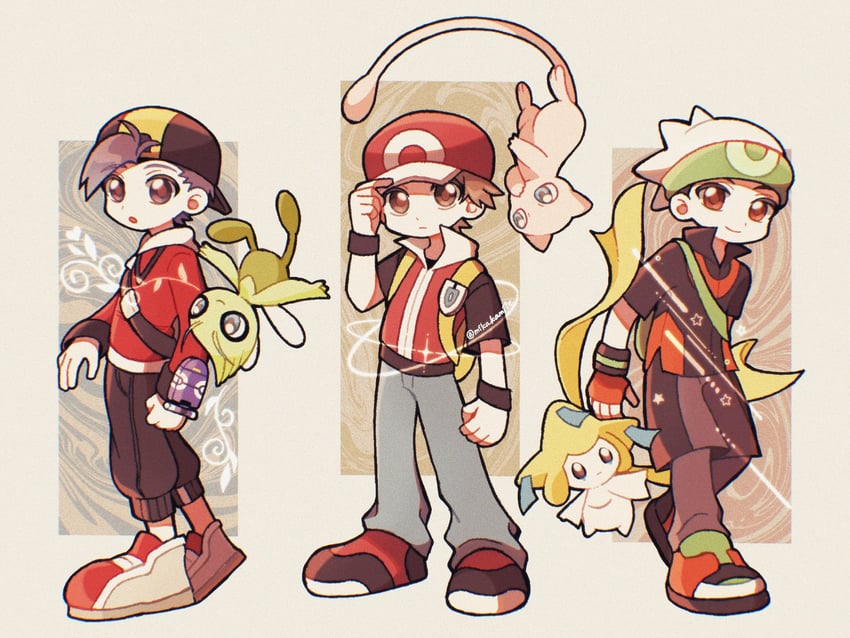 red, ethan, brendan, jirachi, mew, and 1 more (pokemon and 4 more) drawn by mikakami1e