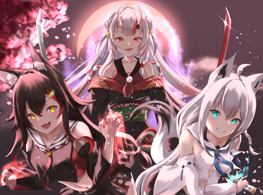 shirakami fubuki, ookami mio, and nakiri ayame (hololive and 1 more) drawn by koh_kaede