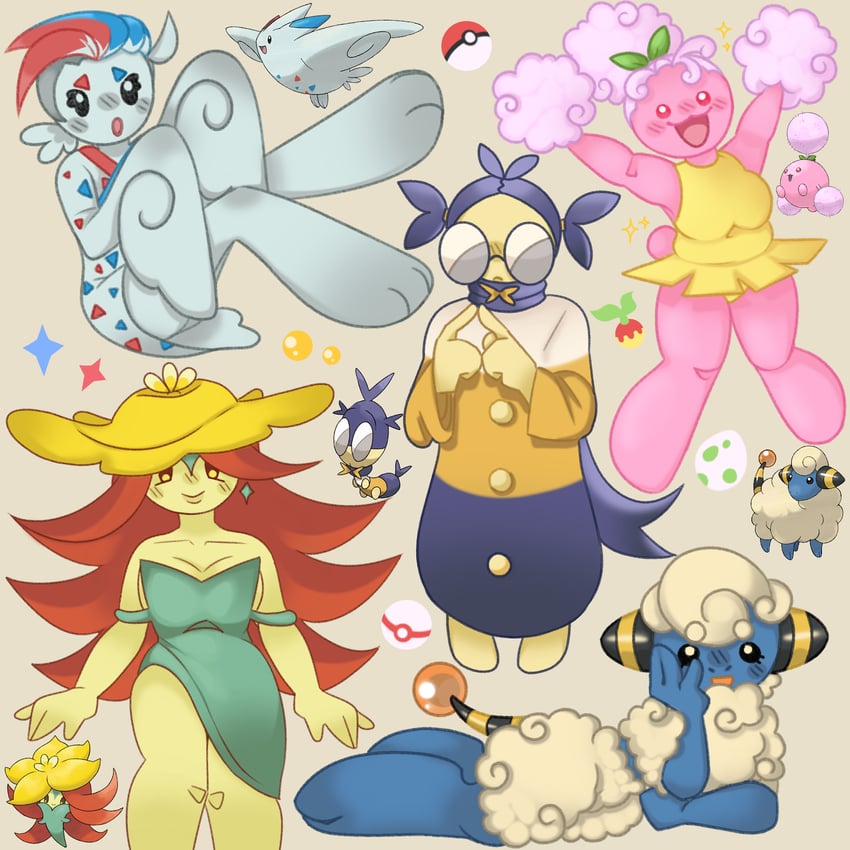 togekiss, jumpluff, mareep, gossifleur, and blipbug (pokemon) drawn by merelysheepy