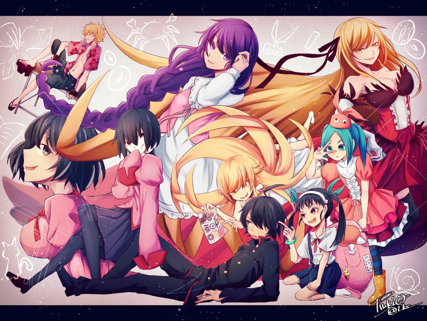 oshino shinobu, senjougahara hitagi, hanekawa tsubasa, hachikuji mayoi, araragi koyomi, and 3 more (monogatari) drawn by ouse_luki