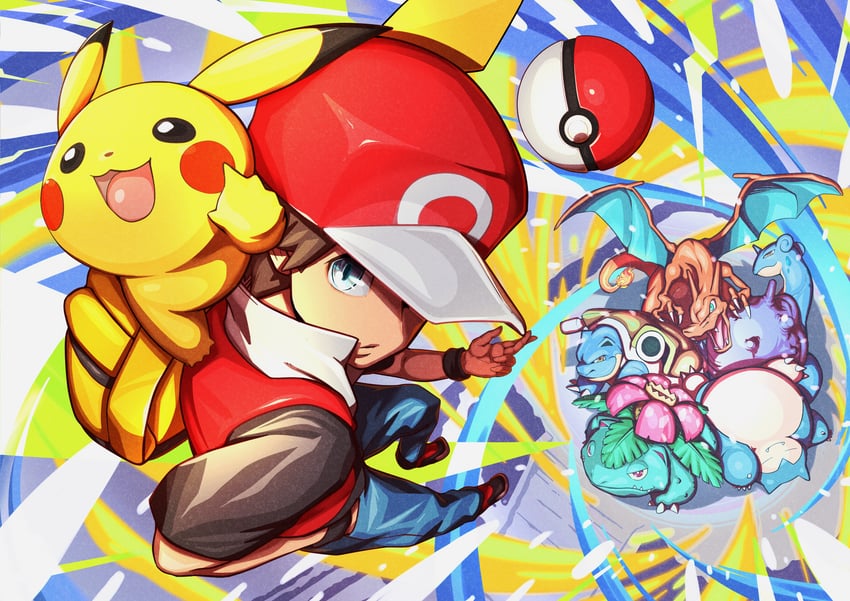 pikachu, red, charizard, snorlax, lapras, and 2 more (pokemon and 1 more) drawn by kakashino_kakato