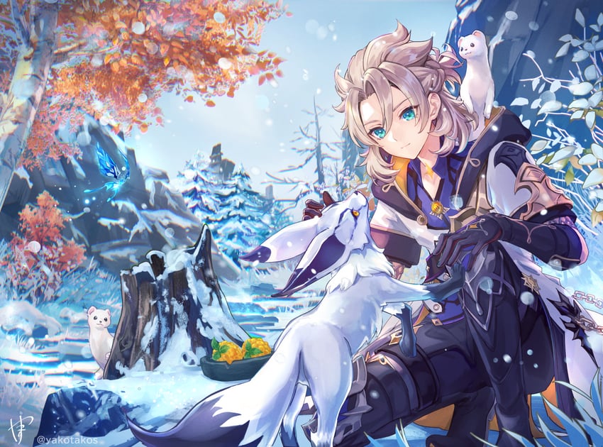 albedo, crystalfly, and snow fox (genshin impact) drawn by aratakosu_(tako's)