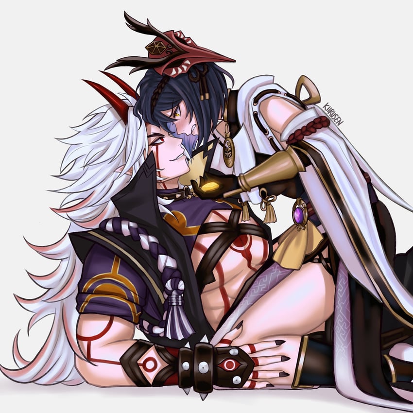 kujou sara and arataki itto (genshin impact) drawn by kiirusen