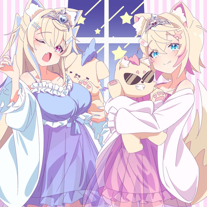 fuwawa abyssgard, mococo abyssgard, and ruffian (hololive and 1 more) drawn by hinata_hirune