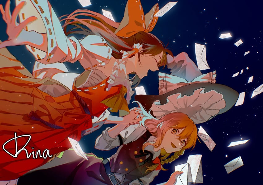 hakurei reimu and kirisame marisa (touhou) drawn by aihara-rina