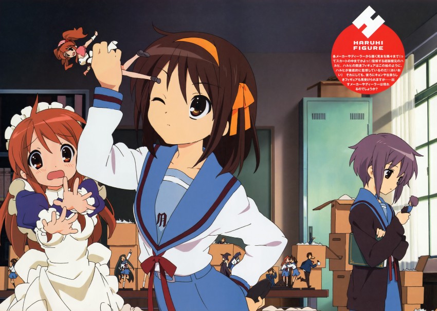 suzumiya haruhi, nagato yuki, asahina mikuru, kyon, asakura ryoko, and 3 more (suzumiya haruhi no yuuutsu) drawn by horiguchi_yukiko