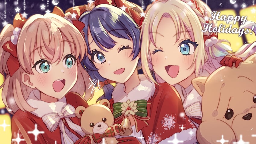hinoshita kaho, murano sayaka, and osawa rurino (love live! and 1 more) drawn by kyaku_tasu