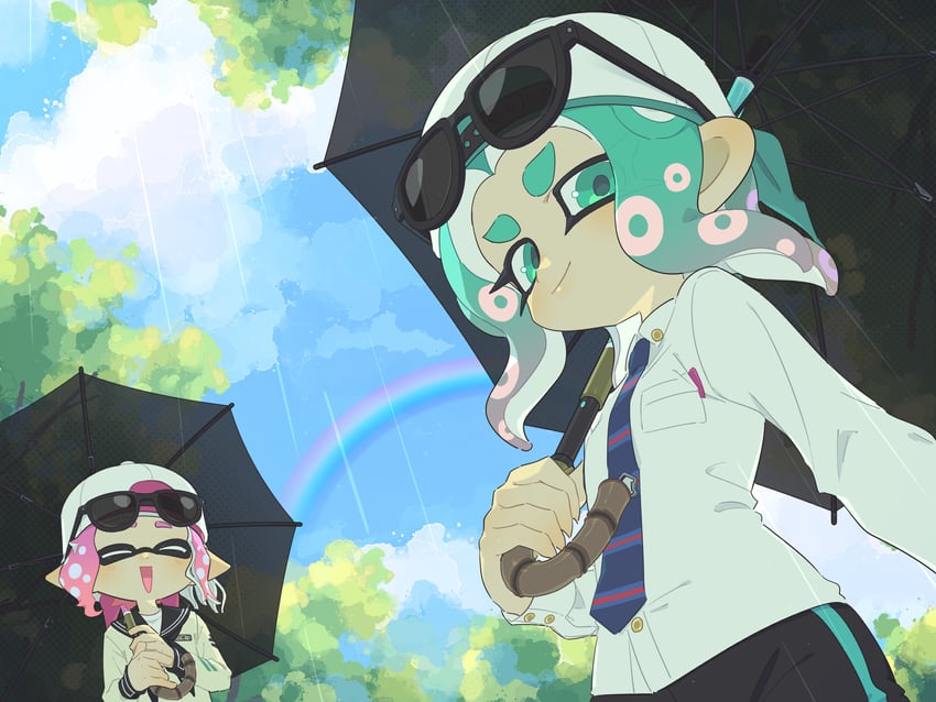 inkling player character, inkling girl, octoling player character, and octoling girl (splatoon) drawn by surume01417