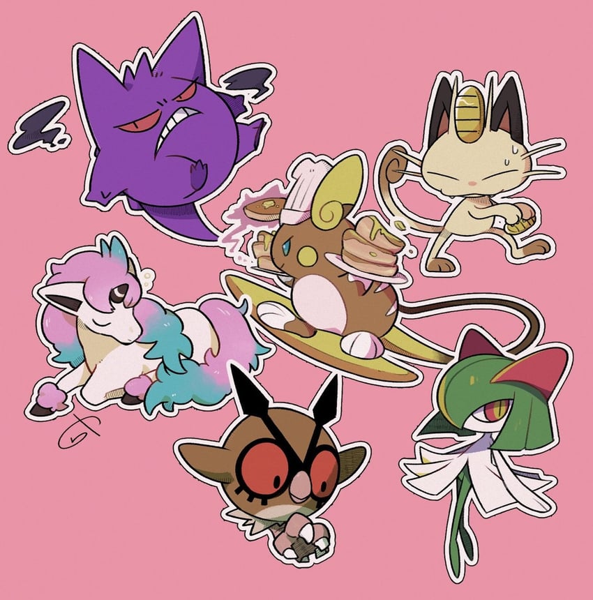 gengar, kirlia, meowth, alolan raichu, galarian ponyta, and 1 more (pokemon) drawn by rakkonokawa