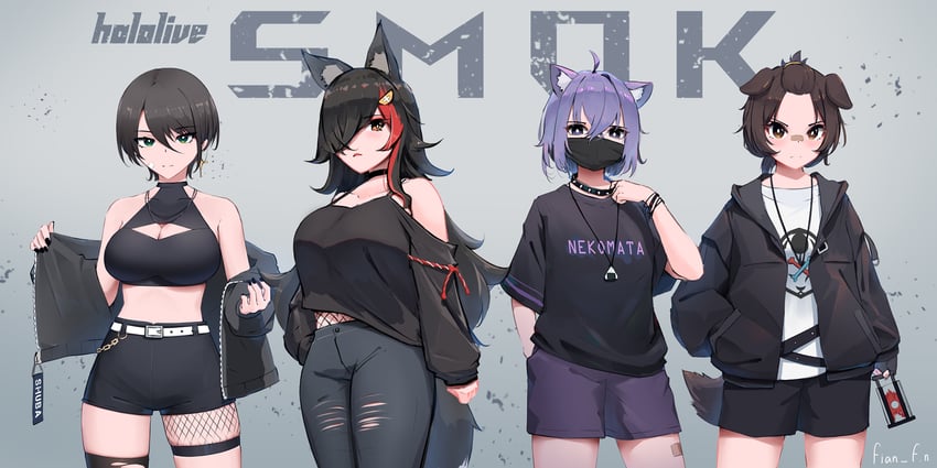 nekomata okayu, ookami mio, oozora subaru, and inugami korone (hololive) drawn by fian_f.n