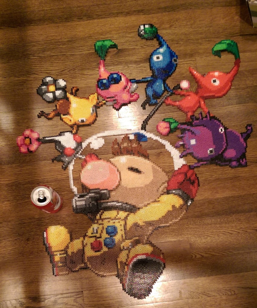 red pikmin, olimar, yellow pikmin, blue pikmin, purple pikmin, and 2 more (pikmin) drawn by faerieinabottle