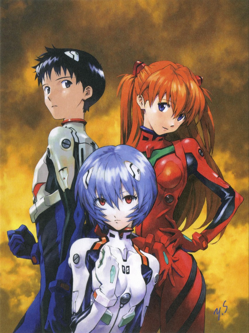 souryuu asuka langley, ayanami rei, and ikari shinji (neon genesis evangelion) drawn by sadamoto_yoshiyuki