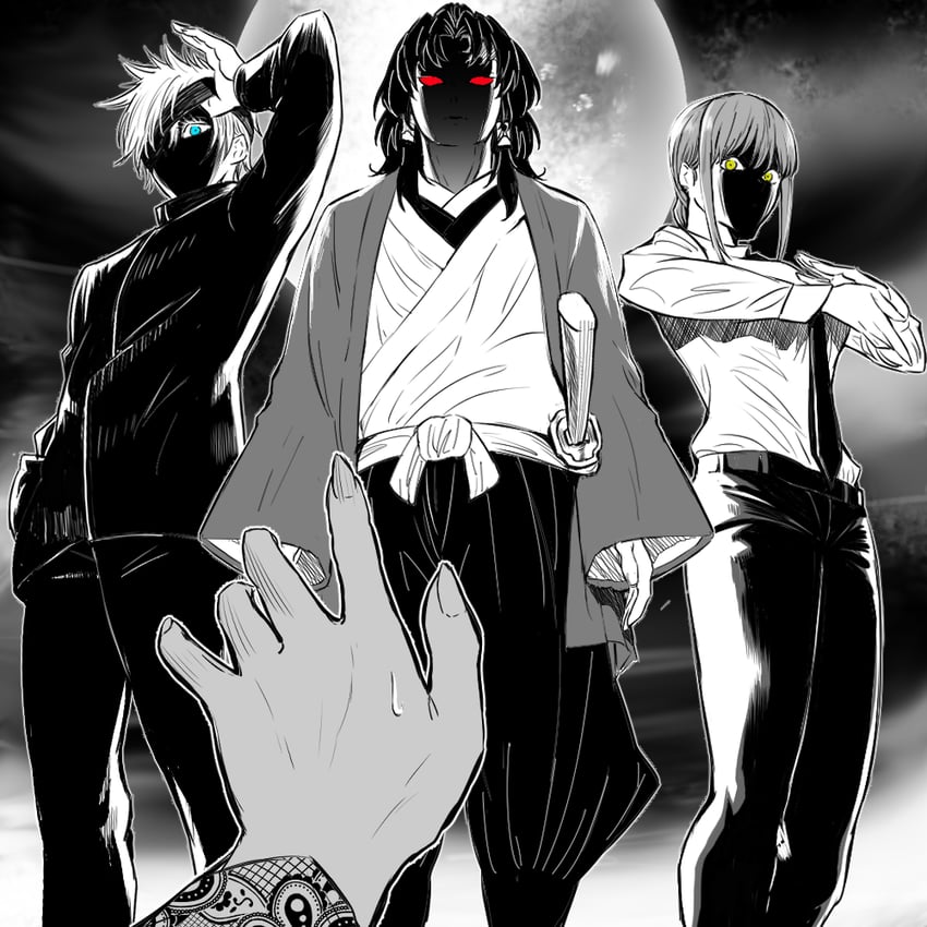 makima, gojou satoru, and tsugikuni yoriichi (chainsaw man and 2 more) drawn by roki_chikin