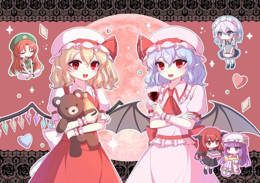 remilia scarlet, flandre scarlet, izayoi sakuya, konpaku youmu, patchouli knowledge, and 3 more (touhou) drawn by umyo_(uu_o3o_8)