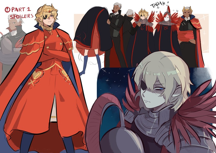 edelgard von hresvelg, dimitri alexandre blaiddyd, dedue molinaro, and flame emperor (fire emblem and 1 more) drawn by funyanrinpa
