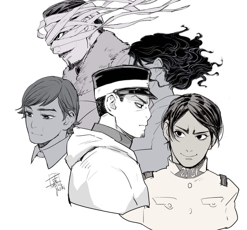 tsukishima hajime, koito otonoshin, tsurumi tokushirou, edogai yasaku, and igogusa (golden kamuy) drawn by yoshimi