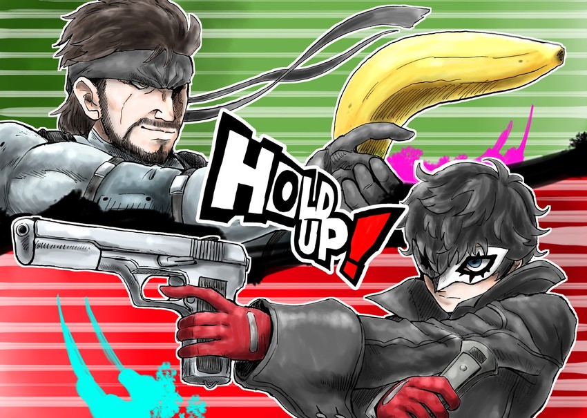 amamiya ren, joker, and solid snake (persona and 5 more) drawn by kicdon