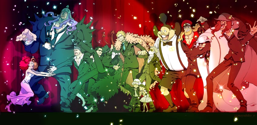 trafalgar law, donquixote doflamingo, donquixote rocinante, baby 5, senor pink, and 8 more (one piece) drawn by mayuhiko3310