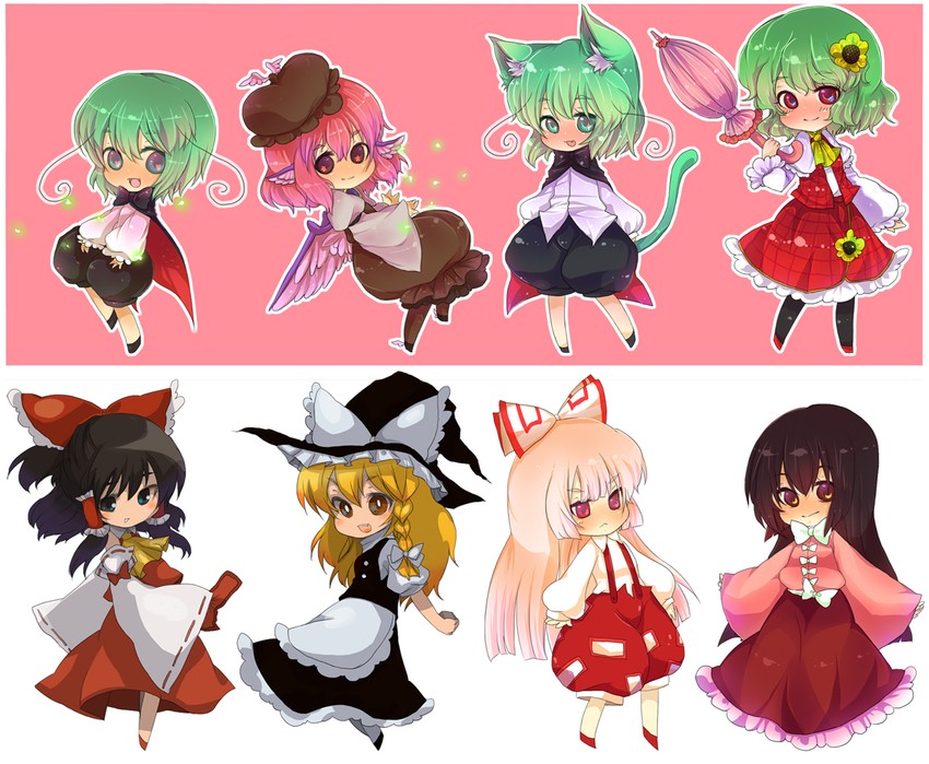 hakurei reimu, kirisame marisa, fujiwara no mokou, kazami yuuka, houraisan kaguya, and 2 more (touhou) drawn by taiyouno_hatake