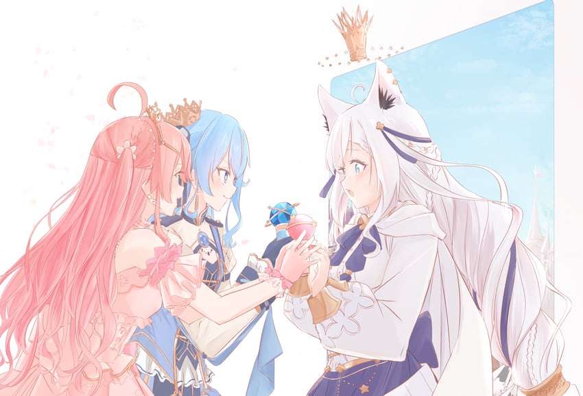 shirakami fubuki, hoshimachi suisei, and sakura miko (hololive) drawn by chamomile_(kazumasa)