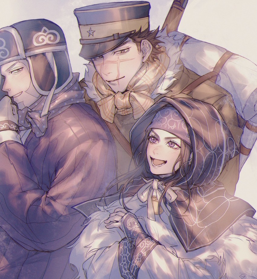 sugimoto saichi, asirpa, and shiraishi yoshitake (golden kamuy) drawn by shimashiii