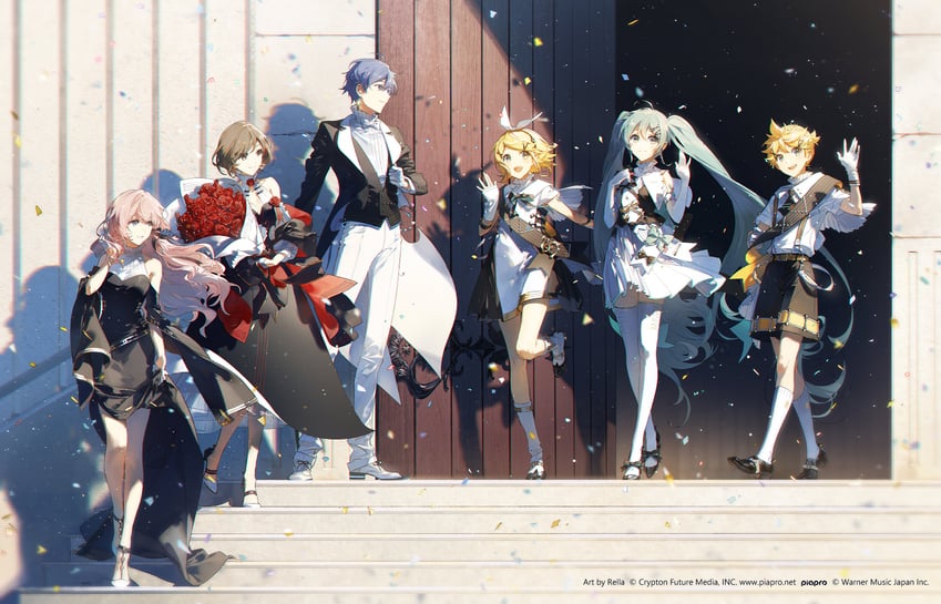 hatsune miku, kagamine rin, kagamine len, megurine luka, kaito, and 1 more (vocaloid and 1 more) drawn by rella