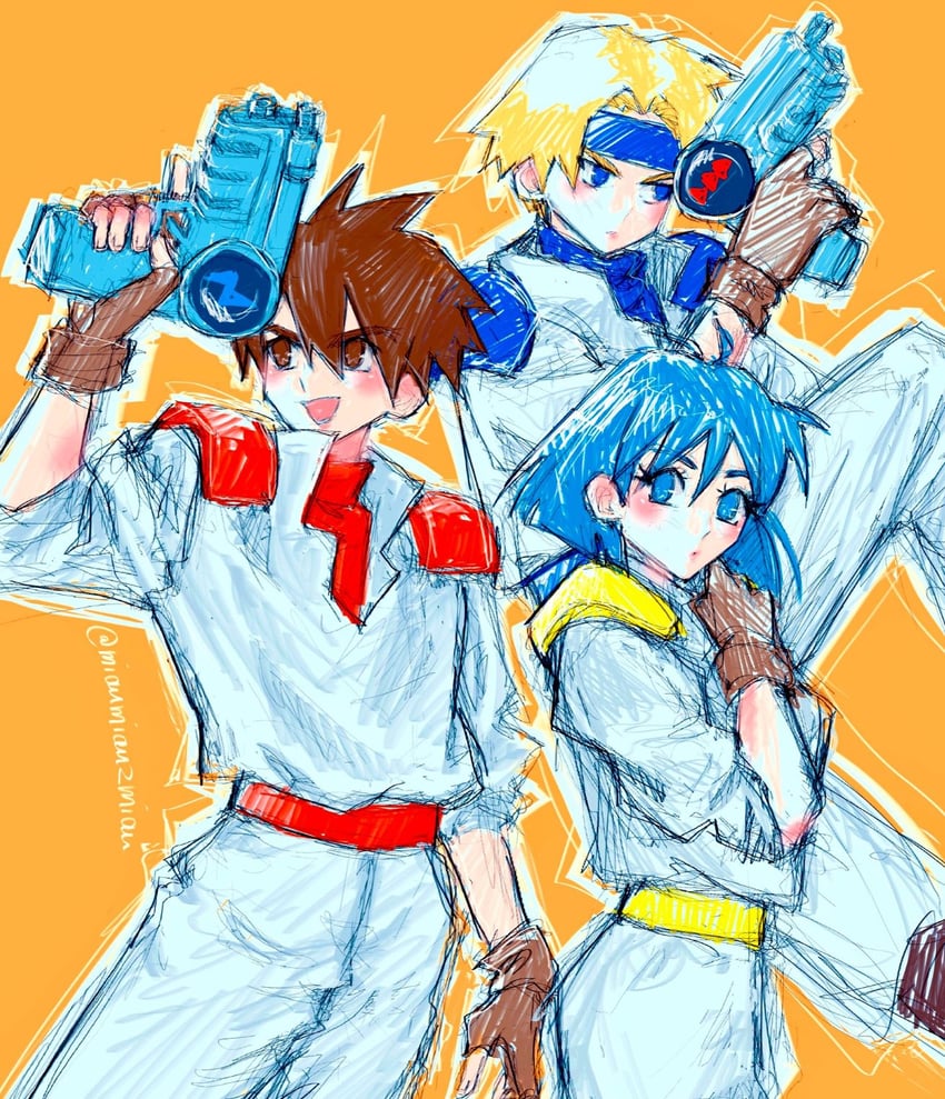 gunstar red, gunstar blue, and yellow (gunstar heroes) drawn by poririna