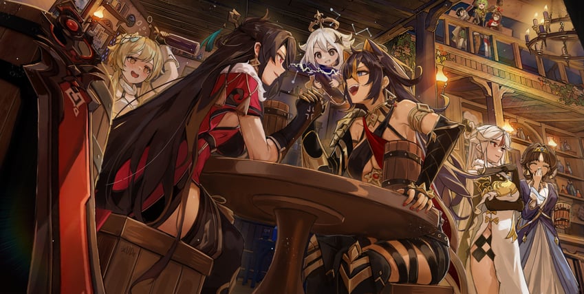 lumine, venti, paimon, amber, ningguang, and 4 more (genshin impact) drawn by xude