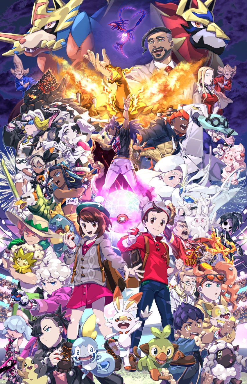 marnie, gloria, leon, nessa, bea, and 37 more (pokemon and 1 more) drawn by komame_(st_beans)
