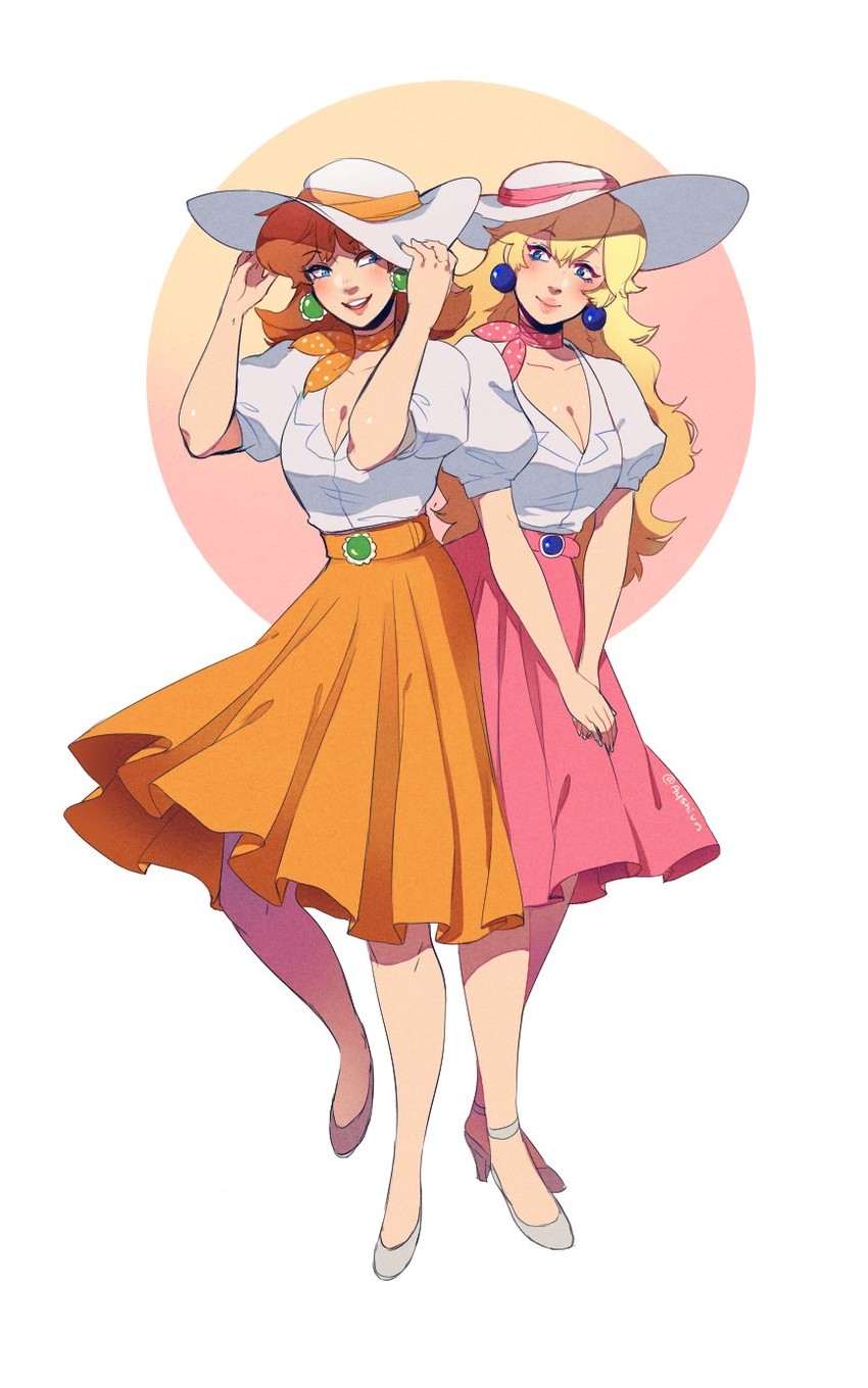 princess peach and princess daisy (mario and 1 more) drawn by ayshiun