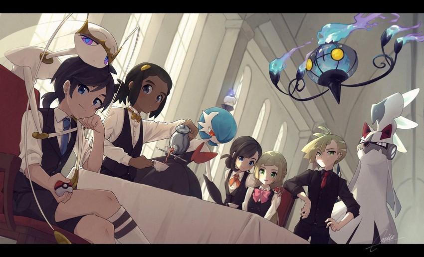 gardevoir, lillie, selene, elio, gladion, and 5 more (pokemon and 1 more) drawn by miu_(miuuu_721)