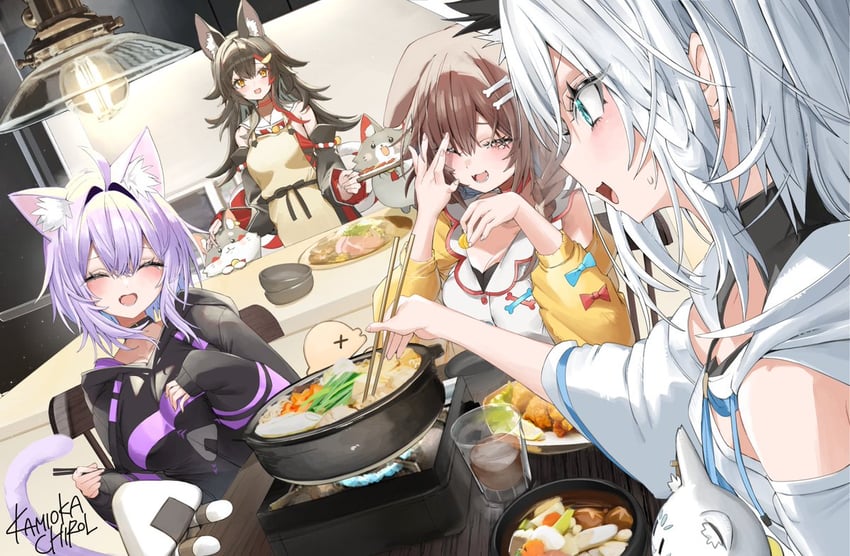 shirakami fubuki, nekomata okayu, ookami mio, inugami korone, sukonbu, and 3 more (hololive) drawn by kamioka_shun'ya