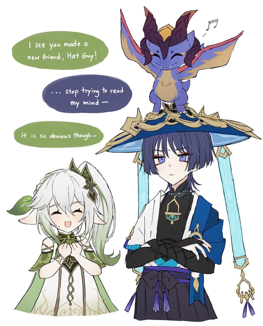 scaramouche, nahida, wanderer, and mini durin (genshin impact) drawn by dragonagia643