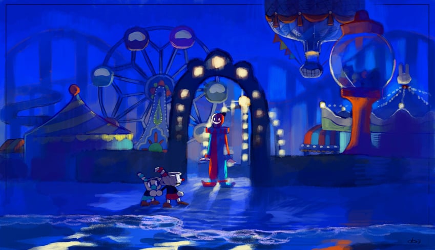 cuphead, mugman, and beppi the clown (cuphead) drawn by doi_m2000