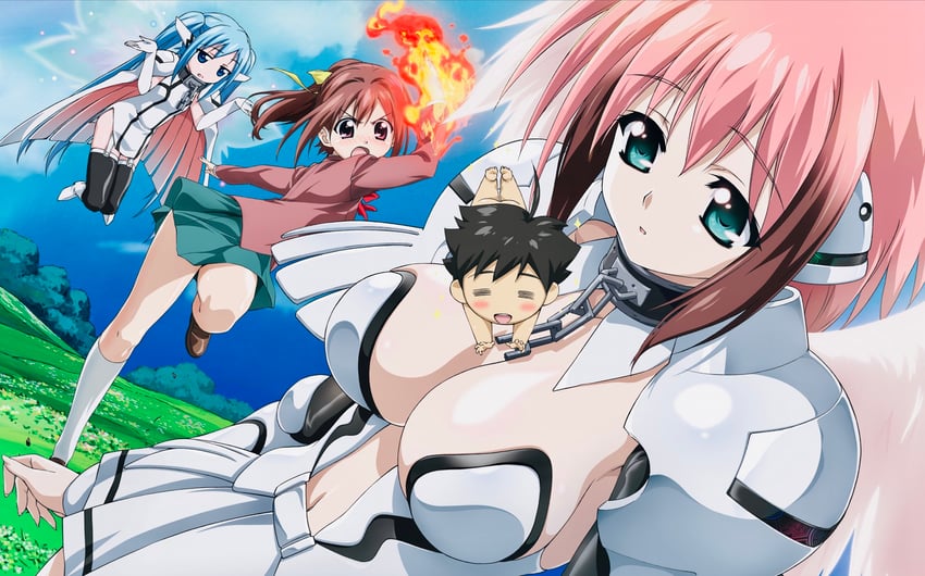 ikaros, nymph, mitsuki sohara, and sakurai tomoki (sora no otoshimono) drawn by watanabe_yoshihiro