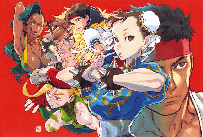 chun-li, cammy white, ryu, kasugano sakura, ken masters, and 2 more (street fighter and 3 more) drawn by nishimura_kinu