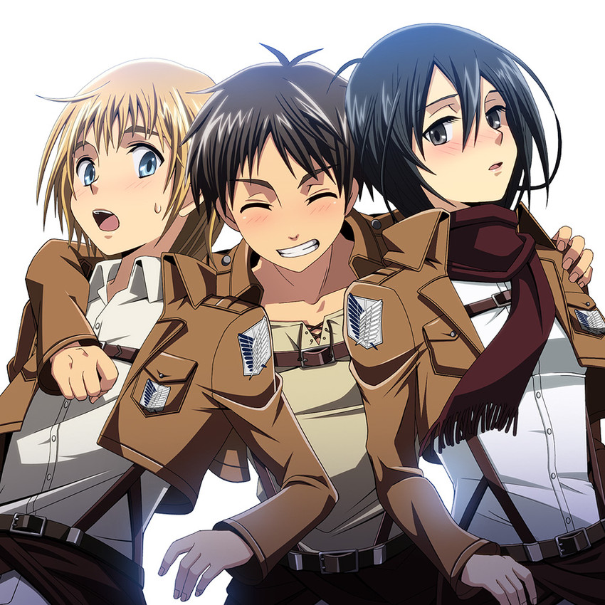 mikasa ackerman, eren yeager, and armin arlert (shingeki no kyojin) drawn by nip_sakazuki