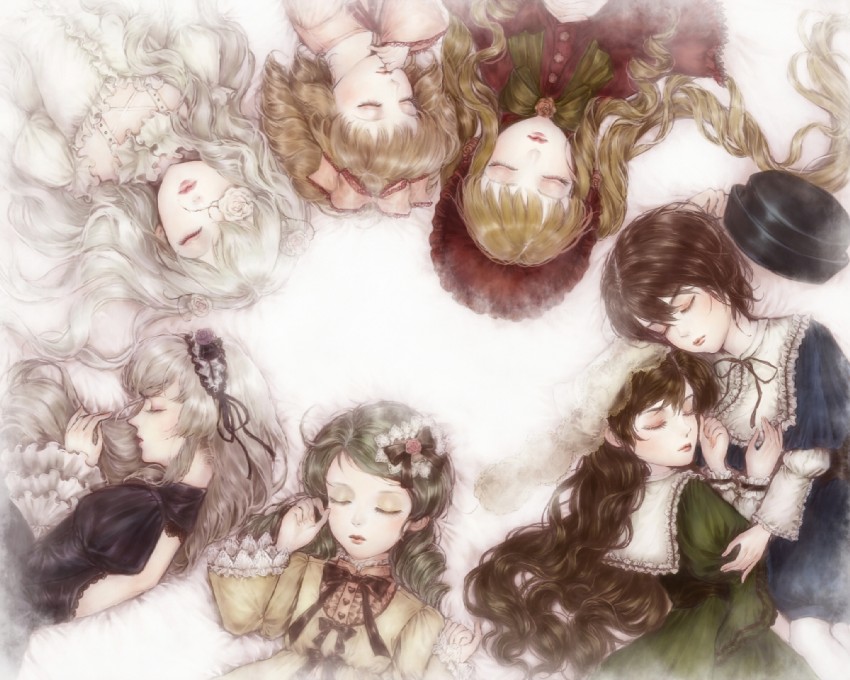 suigintou, shinku, suiseiseki, souseiseki, hinaichigo, and 2 more (rozen maiden) drawn by yukishiro_(hitsuji)