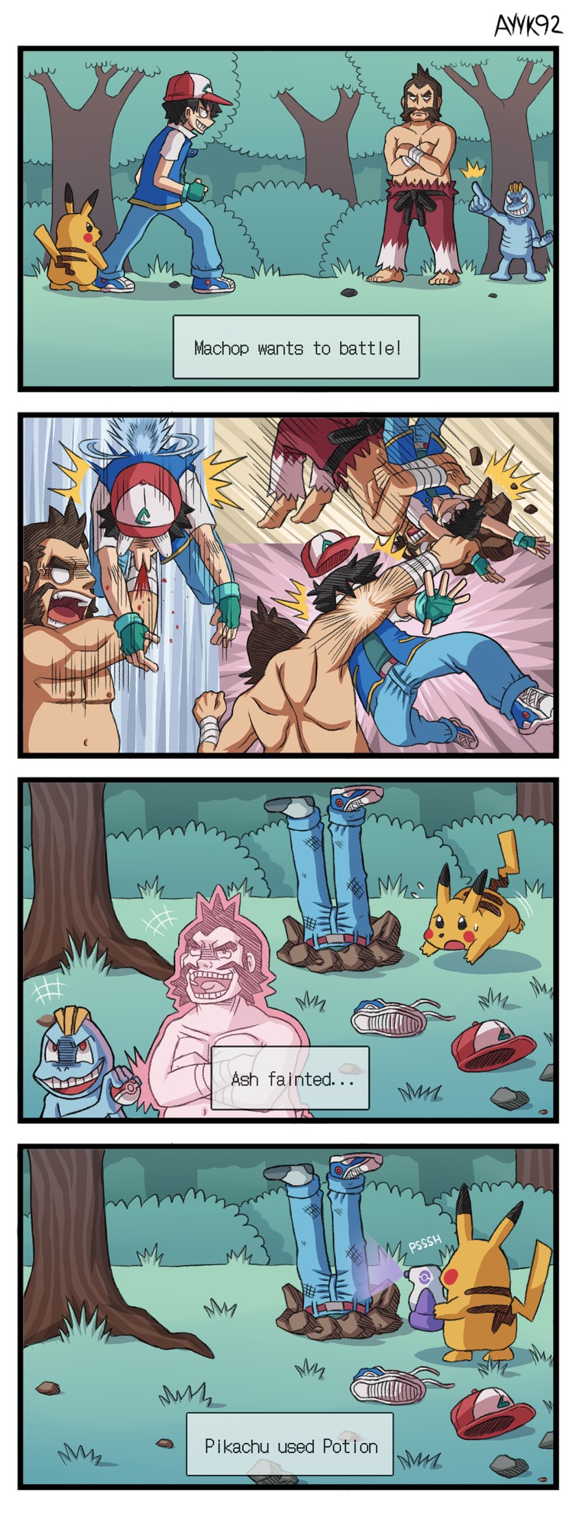 pikachu, ash ketchum, machop, and chuck (pokemon) drawn by ayyk92