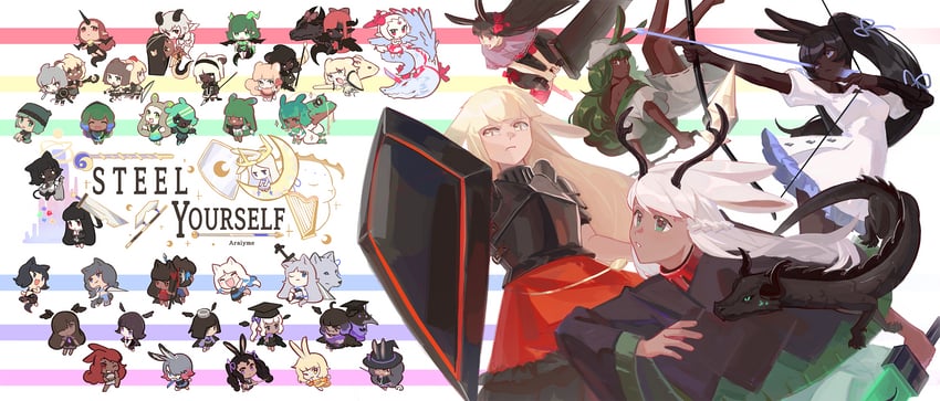 heavyblade rabbit, dancer rabbit, druid rabbit, sniper rabbit, wizard rabbit, and 39 more (rabbit and steel) drawn by araiyme
