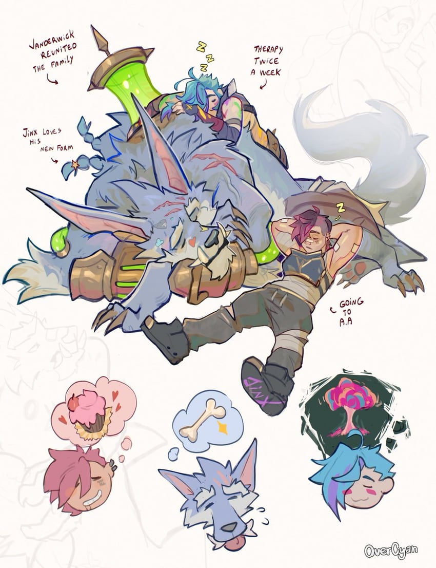 jinx, vi, arcane jinx, arcane vi, and warwick (league of legends and 1 more) drawn by uncle_quil_(overcyan)
